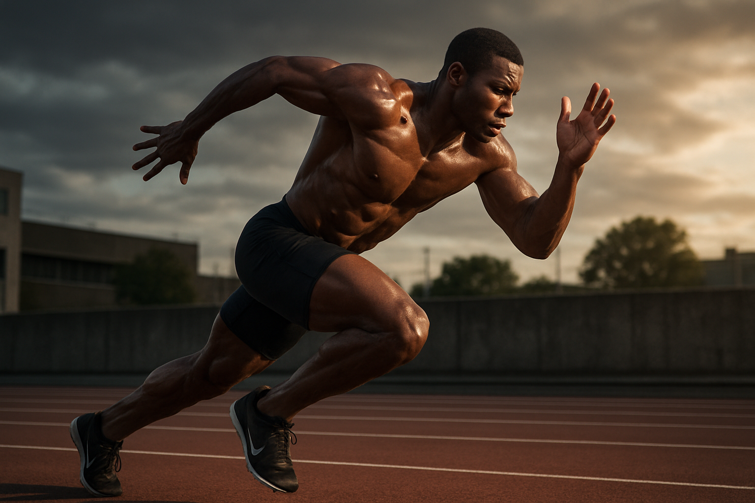 Generate an image of a muscular man sprinting’s 